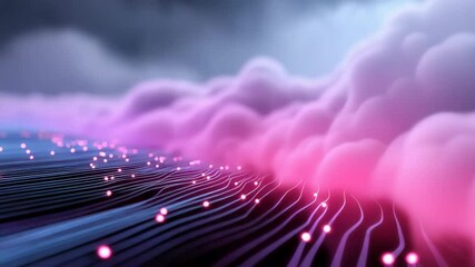 Fototapete - A dark sky with pink clouds and a bright purple line. The line is made up of small dots that are scattered throughout the sky. Scene is one of mystery and wonder