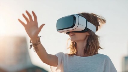 Poster - Immersive VR Experience: A woman is fully immersed in a virtual reality, hand stretched out into a simulated environment, wearing VR headset. A glimpse into the future of digital interactions.