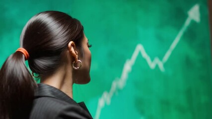Poster - Business Growth: An focused business woman gazes intently at an upward trending chart on a green screen, symbolizing growth, progress, and success in business.
