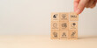 © Parradee - Future Skills Concept. Wooden block with skills icons critical thinking, adaptability, emotional and social intelligence and creative innovation. Digital transformation, reskilling and upskilling.