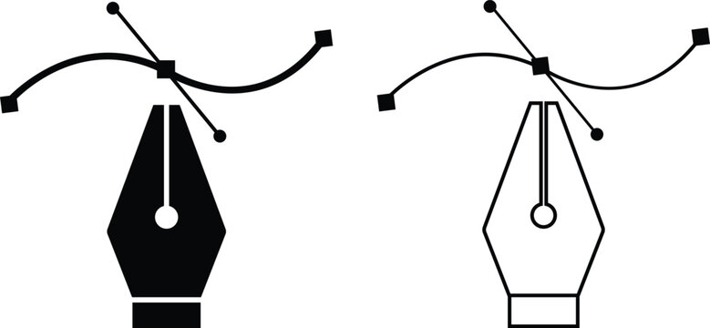 Pen tool cursor set. Vectors computer graphics. Logo for designer or illustrator. Design icons. Curve control points illustration. Flat, outline fountain symbols for infographic, website, app and ui.