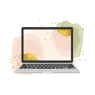 Laptop with blank screen on abstract watercolor background  