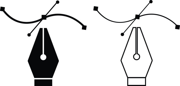 Pen tool cursor set. Vectors computer graphics. Logo for designer or illustrator. Design icons. Curve control points illustration. Flat, outline fountain symbols for infographic, website, app and ui.