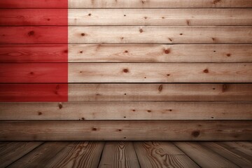 Poster - Wooden planks forming a wall and floor with a red painted stripe, creating an empty room background