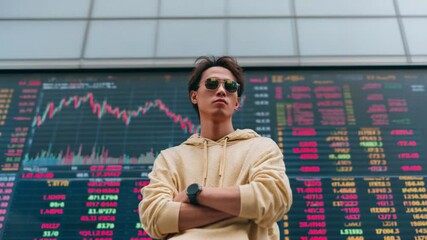 Poster - Market Maestro: A confident individual, adorned with sunglasses, stands composed against the backdrop of a dynamic stock market display, embodying the spirit of financial prowess.