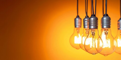 Poster - Vintage Light Bulbs Hanging Against a Golden Gradient Background for Ideas and Inspiration.