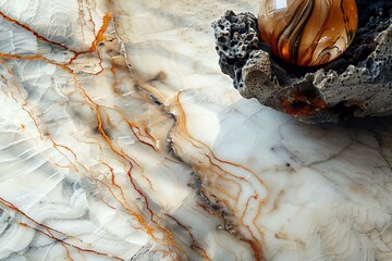 Poster - Elegant glass sphere resting on a volcanic rock, enhancing the beauty of a polished white marble surface with golden veins