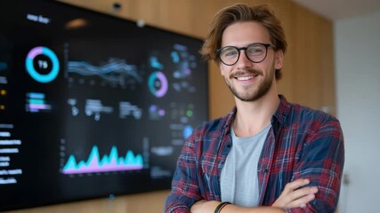 Poster - Confident Professional in Modern Office: A young professional, exuding confidence and intellect, stands before a dynamic display of data analytics, capturing a scene of success and innovation. 