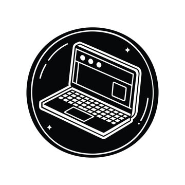 Simple, stylized black and white laptop computer inside of a black circle