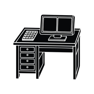 Stylized image of a desk with computer and keyboard on top
