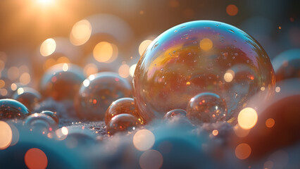 Abstract background with many shiny glass spheres scattered on a surface with beautiful bokeh effect and warm light