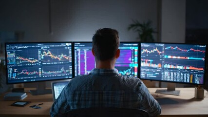 Poster - Financial Analysis in the Digital Age: A focused individual immersed in the world of finance, monitoring intricate market data and investment metrics displayed on multiple screens.