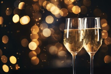 Poster - Two elegant champagne glasses bubbling with celebratory cheer against a backdrop of shimmering golden bokeh, perfect for new year's eve or special occasions