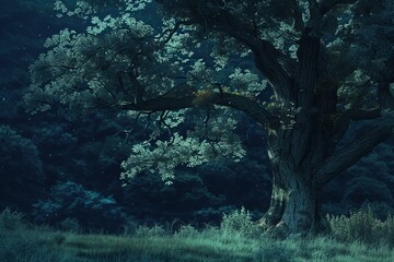 Wall Mural - Magical night scene with fireflies flying around a large old tree standing in a meadow