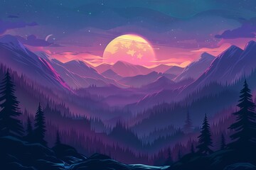 Wall Mural - Breathtaking mountain landscape with vibrant purple hues, a large moon, and a crescent moon in the starry night sky
