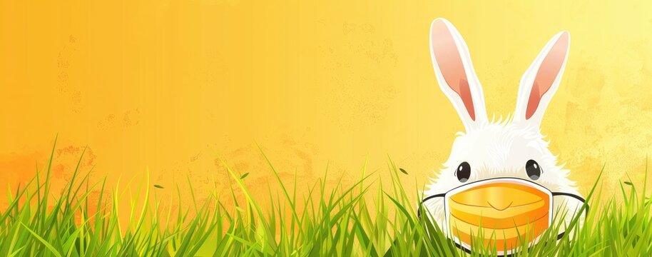 Cute cartoon white rabbit wearing a medical mask peeking behind a wall on a yellow background with green grass