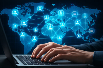 Fototapete - Global network connection technology concept with laptop and world map background illustration