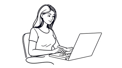 Fototapete - Woman on laptop with mouse, freelancer line icon, work and study concept, student vector sign on white background, outline style icon mobile concept web design. Vector graphics.. Generative AI
