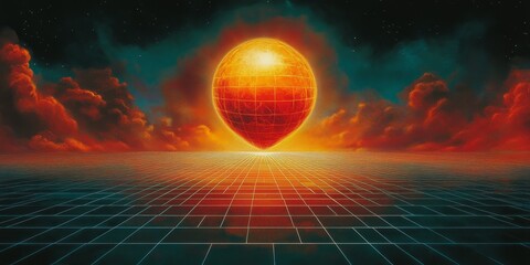 Poster - Vibrant Digital Creation Emanates the Pulse of Life, Luminous Orb Above Dynamic Grid and Clouds