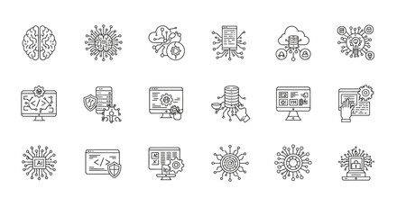Fototapete - A collection of line art icons depicting artificial intelligence and technology concepts.
