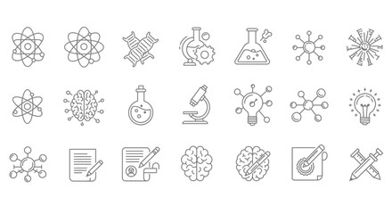 Poster - Collection of science and technology icons, including atoms, DNA, beakers, microscopes, brains, and lightbulbs, depicted in a line art style.