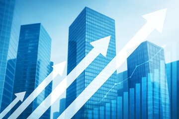 Poster - Business growth and success concept with skyscrapers and upward arrows and bar chart illustration