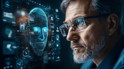 Poster - A serious looking security professional using advanced digital technology and intelligence to monitor a complex surveillance system in a secure government facility