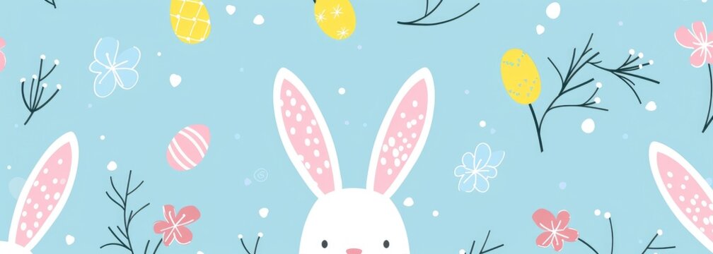 Easter banner with cute bunny ears on a pastel blue background