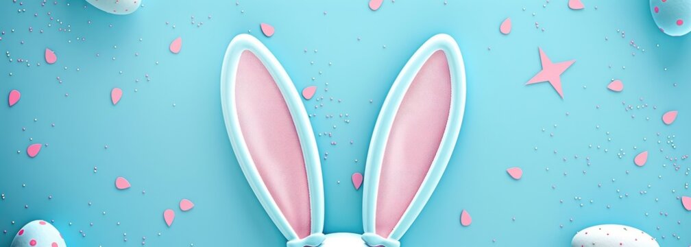 Easter banner with cute bunny ears on a pastel blue background
