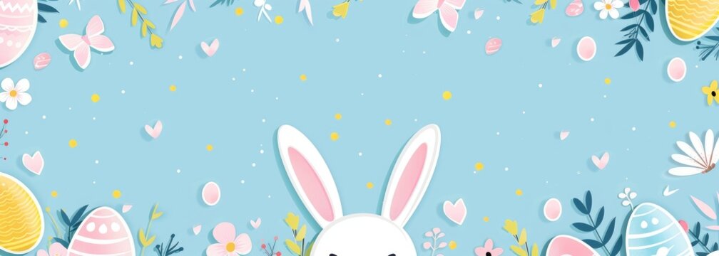 Easter banner with cute bunny ears on a pastel blue background
