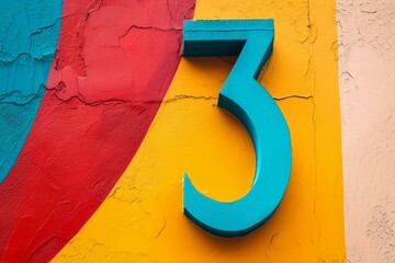Poster - Vibrant, textured number three fixed on a multi colored wall showing signs of age and weathering