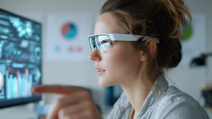 Poster - Tech Vision: A forward-thinking individual immersed in the digital world, augmented reality glasses enhance the exploration of data and innovation.