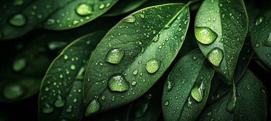 Wall Mural - Green Leaves with Water Droplets for Stock Photos. Detailed Shot of Vibrant Green Tones with Dew