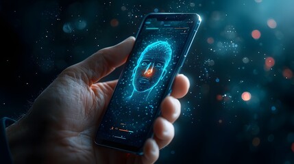 Poster - A smartphone in a hand unlocking using facial recognition technology in a dark futuristic environment with a glowing holographic display