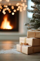 Poster - Cozy Indoor Christmas Scene with Wrapped Presents, Bright Fireplace, and Festive Tree Lights