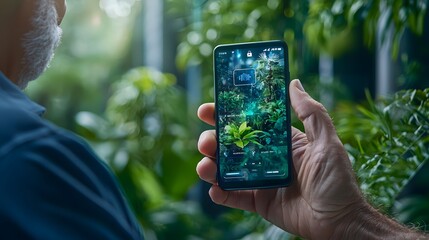 Poster - A person using facial recognition technology on their mobile phone in a lush verdant outdoor setting with a futuristic high tech aesthetic
