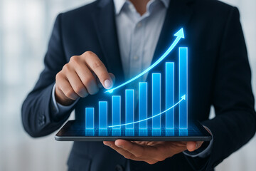 Poster - Business growth chart on tablet showing financial success and investment strategy planning for future