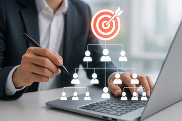 Poster - Business goal achievement strategy planning and organizational chart on laptop for success concept