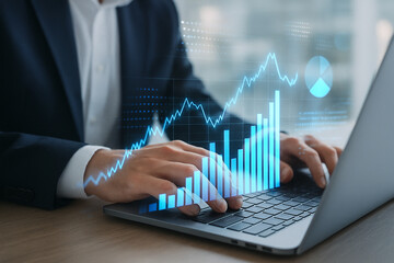 Poster - Analyzing stock market data on laptop for investment strategy and financial growth planning online now