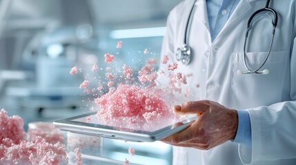 Poster - A close up of a medical technician s hands holding a transparent screen displaying glowing digital DNA analysis data