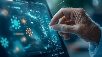 Poster - Close up view of a hand placing a sample into a sleek futuristic DNA scanner on a modern high tech desk in a biotech laboratory setting