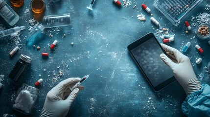 Poster - A team of crime scene investigators carefully examining DNA evidence and analyzing data on portable smart devices during a forensic investigation
