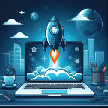Icon of startup rocket launching from laptop

