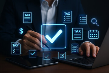 Poster - Tax filing online concept for business finance accounting and audit with laptop and digital documents