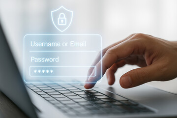 Poster - Secure login on laptop entering username and password for data protection and cybersecurity concept