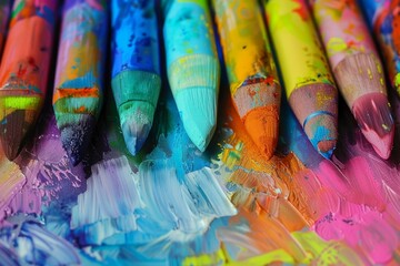 Poster - Colorful pencils lie on a canvas, showcasing a painter's tools and the beauty of artistic expression
