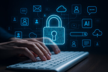 Poster - Cyber security concept of data protection and digital information privacy with padlock and keyboard use