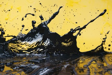 Poster - Dynamic black paint splashing against a vibrant yellow backdrop, forming abstract shapes and patterns