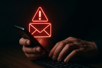 Poster - Email phishing attack concept with warning sign and hands typing on keyboard for security awareness