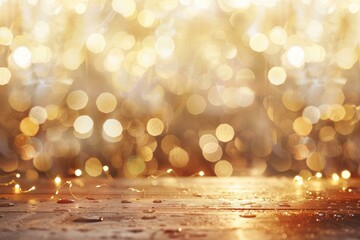 Poster - Wet wooden table surface sparkling with a string of fairy lights and golden bokeh background creates a magical christmas atmosphere